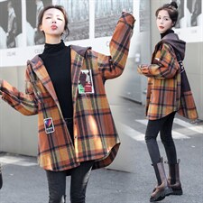 大码宽松微胖MM呢子外套2025秋装新款开衫连帽格子衬衫加厚衬衣冬，女装毛呢外套，意芙