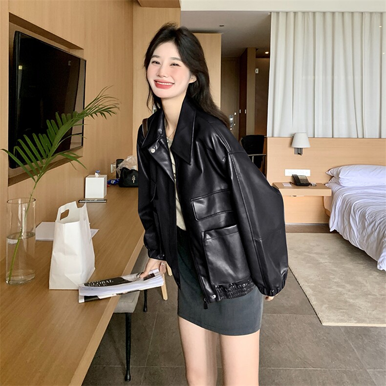 《48H发》翻领美拉德机车宽松皮衣短外套,女装皮衣,辰辰家