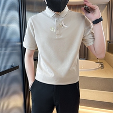 主推款2025夏季新款仙鹤印花风短袖T恤翻领Polo衫男T6077-P48，男装T恤，电商D342
