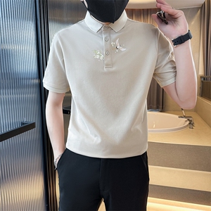 主推款2025夏季新款仙鹤印花风短袖T恤翻领Polo衫男T6077-P48图片