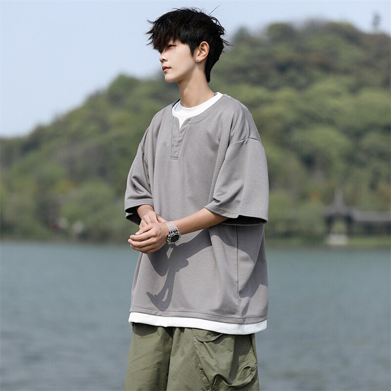 8XL-M重磅斜纹假两件短袖t恤男夏季薄款宽松大码半袖体恤DT006P45,男装T恤,电商B312