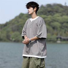8XL-M重磅斜纹假两件短袖t恤男夏季薄款宽松大码半袖体恤DT006P45，男装T恤，电商B312
