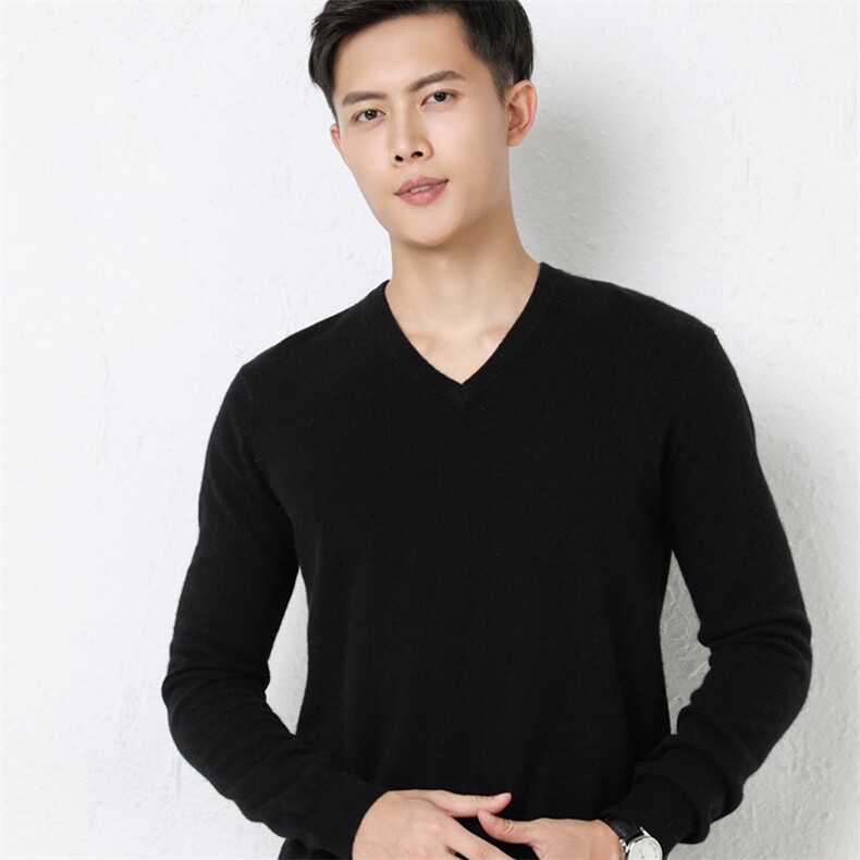 时尚男士V领衫35%保暖舒适经典黑色显瘦百搭款，男装羊绒套衫，尚达羊绒