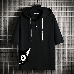 LD54035-P45连帽短袖t恤男大码胖子带帽五分袖中袖网格挂拍