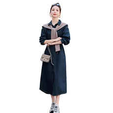时尚秋季长款牛仔连衣裙修身显瘦气质女神风，女装连衣裙，凯瑟曼