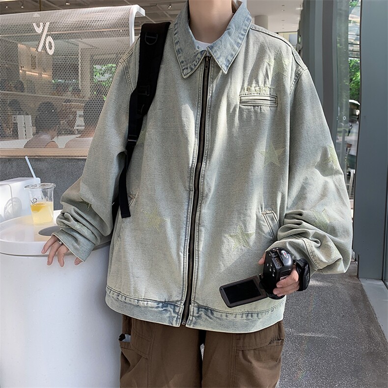 港风秋款男牛仔夹克五角星字母刺绣渐变色休闲外套JK1P80,男装夹克,星座1013-1