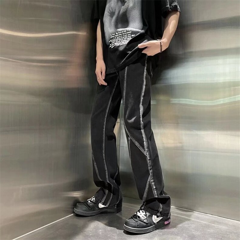 高街水洗牛仔裤直筒复古黑色微喇潮休闲裤设计感男长裤NK519-P42,男装牛仔裤,星座302B
