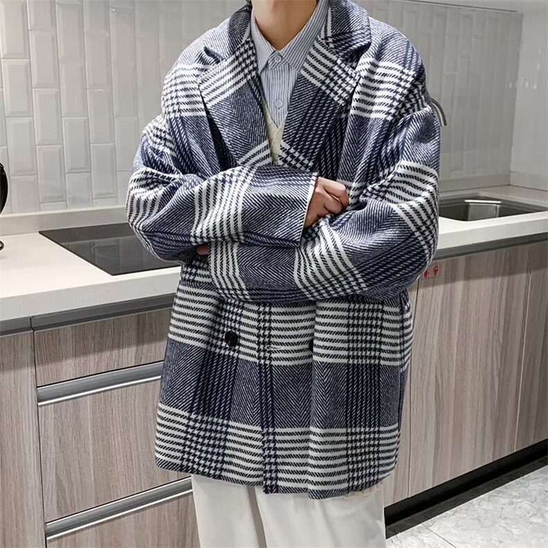 毛呢大衣男士秋冬季中长款格子西装韩版潮流呢子外套W6007-P76,男装毛呢大衣,星座512-2