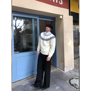 美式复古cleanfit费尔岛毛衣男秋季高级感绞花针织衫圆领长袖上衣图片