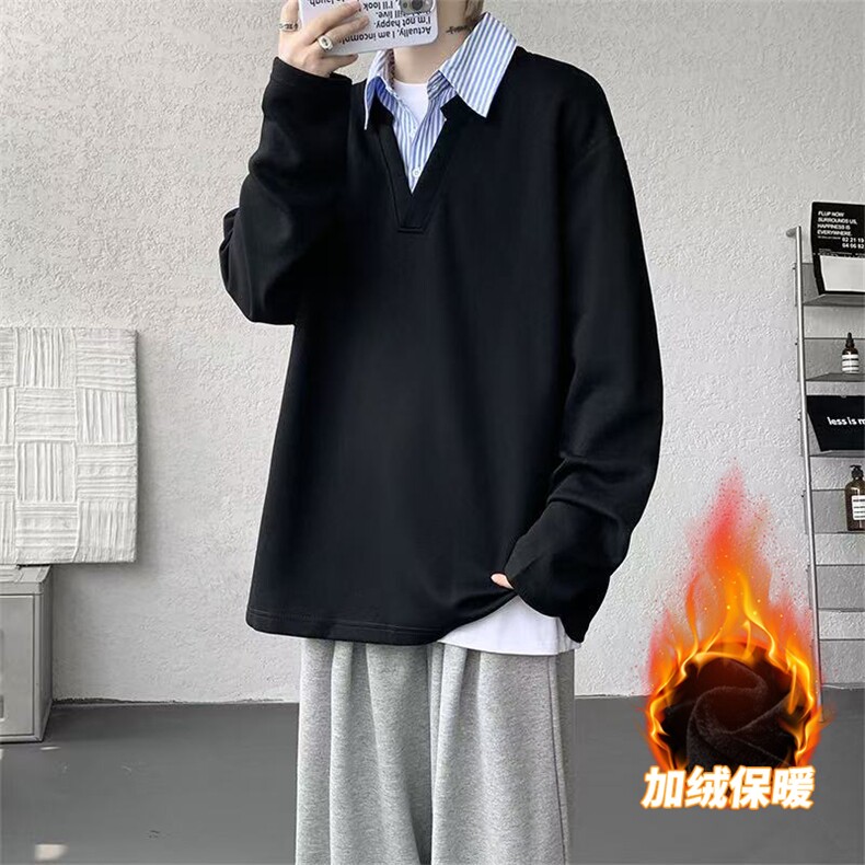 T329JR-特P35360克冬季假两件衬衫领加绒长袖潮宽松拼接T恤男,男装T恤,电商A058-1（原电商C417）