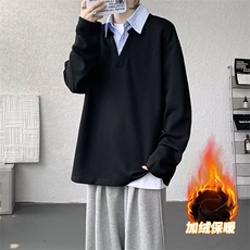 T329JR-特P35360克冬季假两件衬衫领加绒长袖潮宽松拼接T恤男，男装T恤，电商A058-1（原电商C417）