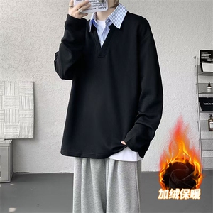 T329JR-特P35 360克冬季假两件衬衫领加绒长袖潮宽松拼接T恤男图片