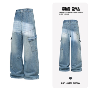 B221美式ins高街暗黑宽松直筒竹节纹工装牛仔裤LK26617-特P55控98图片