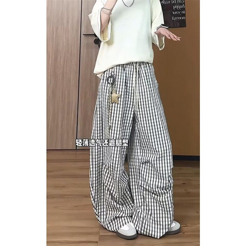 星星挂饰裤子夏季蓝色格子直筒裤女垂感慵懒休闲阔腿裤KX1571,男装休闲裤,星座1116A（原606A-3）
