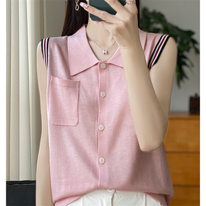 25款春夏季polo领无袖系扣开衫女精纺羊毛拼色小翻领百搭上衣T恤图片