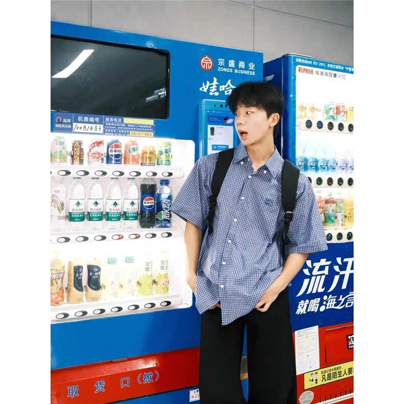 美式复古绅士小格子短袖衬衫男韩版宽松休闲夏季新品半袖衬衣图片