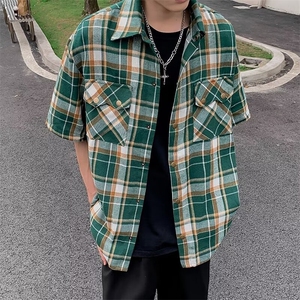 美式夏季格子男短袖衬衫新款复古vintage高级感半袖上衣图片