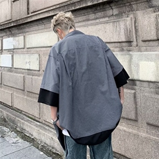 假两件衬衫男士短袖条纹高街帅宽松夏季2024新款ins外套CY768-P33，男装衬衫，星座412-3