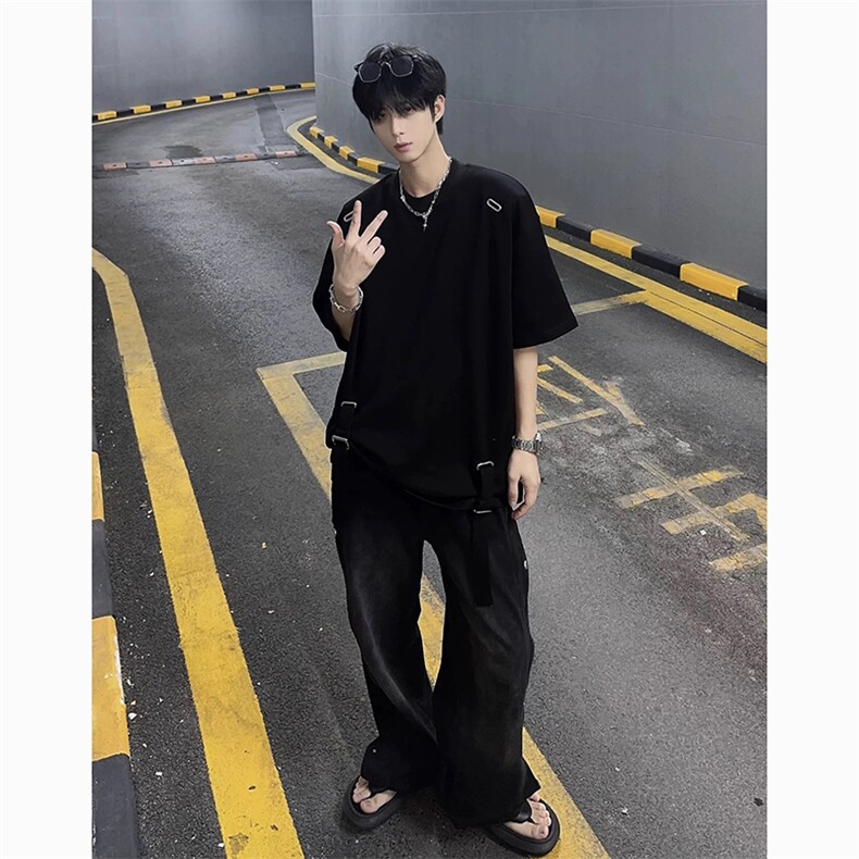 网图有货美式高街金属设计感绑带宽松短袖夏季圆领T恤男A360-P40,男装T恤,星座1505