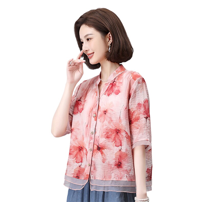 叶笙衣夏季新款女装宽松显瘦印花短袖衬衫上衣时尚百搭休闲衬衣,女装衬衫,叶笙衣