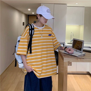 GM0229-P25 条纹短袖男t恤ins宽松学生衣服男女港味chic潮流半袖图片