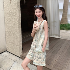 新中式国风碎花无袖马甲短裤套装女夏巨好看小众不撞款两件套通勤，女装套装/套裙，维壹