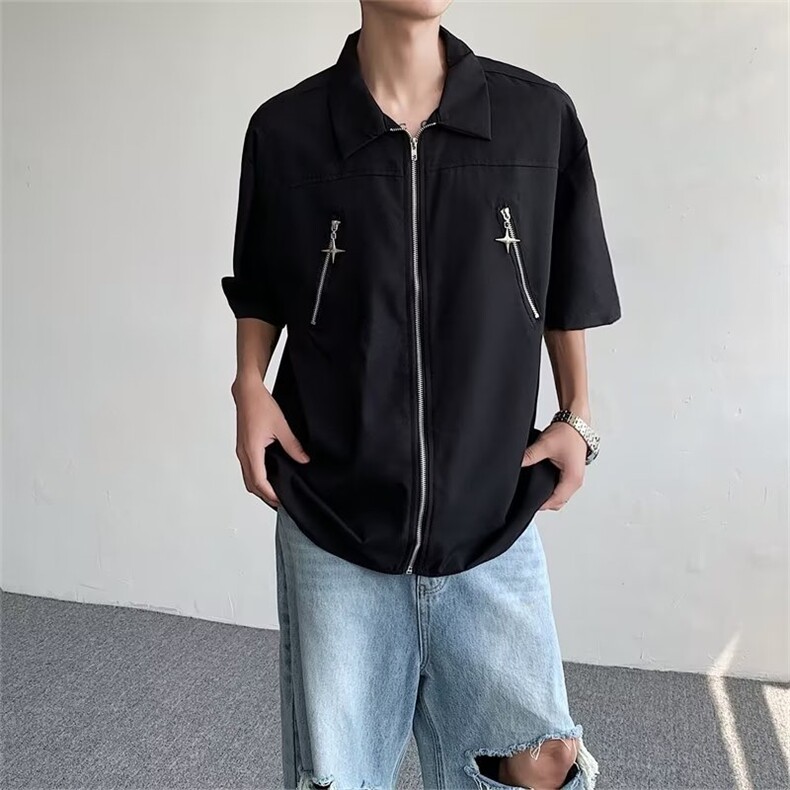 高级感开衫拉链短袖衬衫男2024夏季新款宽松休闲高街潮牌半袖上衣，男装衬衫，星座601-2