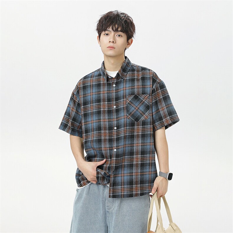 夏季韩版潮流复古格子短袖衬衫翻领帅气衬衣DSA157B-CS4231-P38,男装T恤,电商A157B
