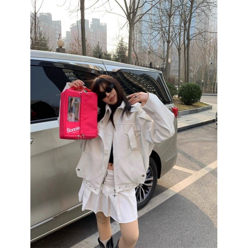 美式复古白色PU皮短款外套男女cleanfit高级感宽松情侣机车服夹克,男装夹克,星座506A