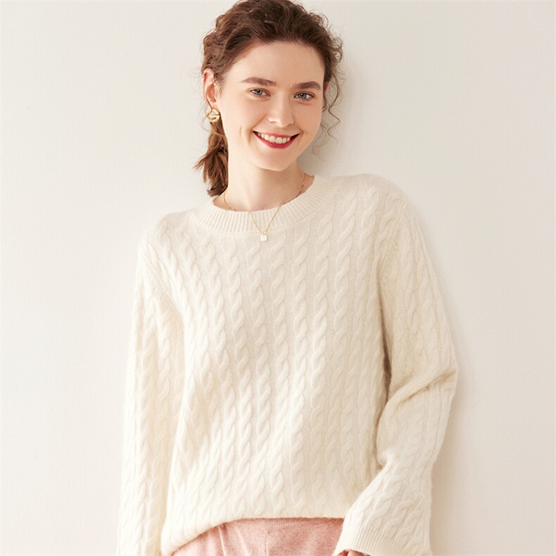 25秋冬轻奢级山羊绒衫女圆领麻花宽松针织衫纯色百搭套头毛衣打底,女装羊绒衫,戎美山