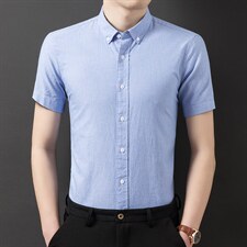 宽松休闲纯棉纯色衬衫男装2023夏季新款中年男士商务休闲潮流衬衣图片