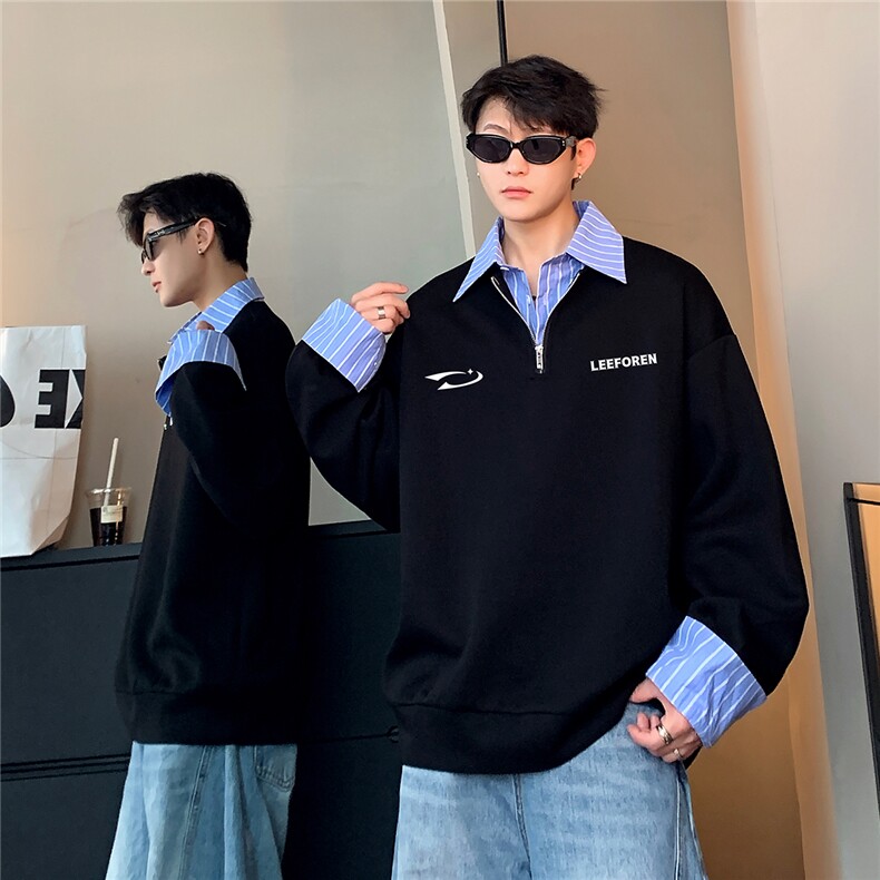 假两件拼接polo领卫衣男款春秋季美式半拉连W100-P58,男装卫衣,电商C307