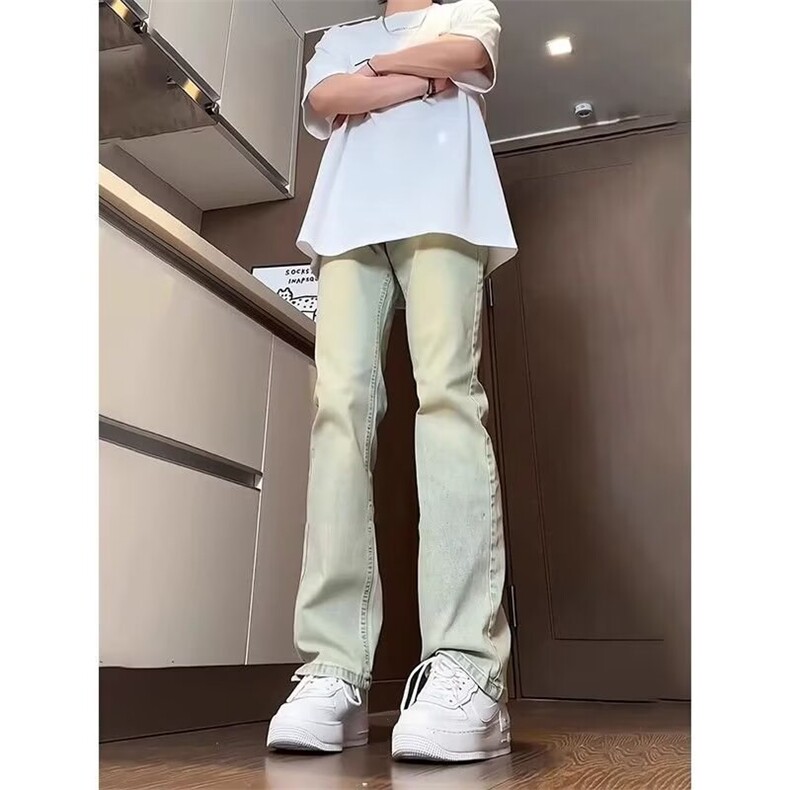 复古牛仔裤男款夏季微喇叭裤直筒美式ins痞帅裤子高街水洗做旧图片