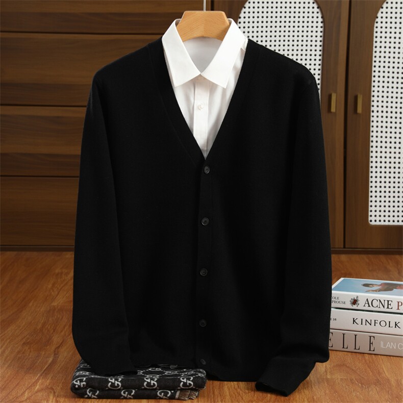 时尚男士V领羊毛开衫长袖秋冬休闲百搭针织衫男装，男装羊毛衫，昭美羊绒