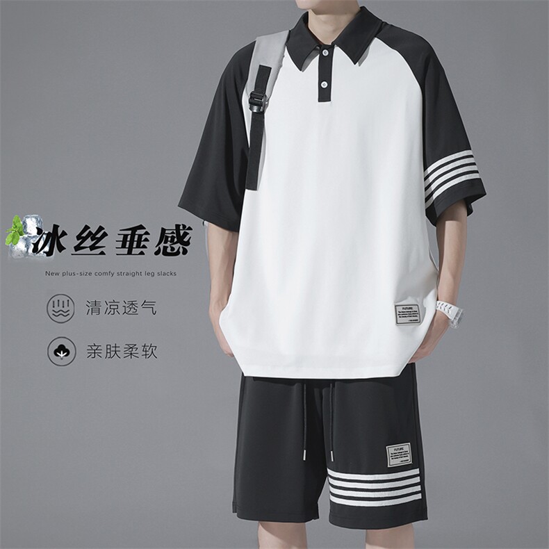 特批P60无差价夏季贴标条纹撞色冰丝polo领大码短袖短裤男士TZ315图片