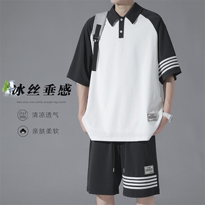 特批P60无差价夏季贴标条纹撞色冰丝polo领大码短袖短裤男士TZ315图片