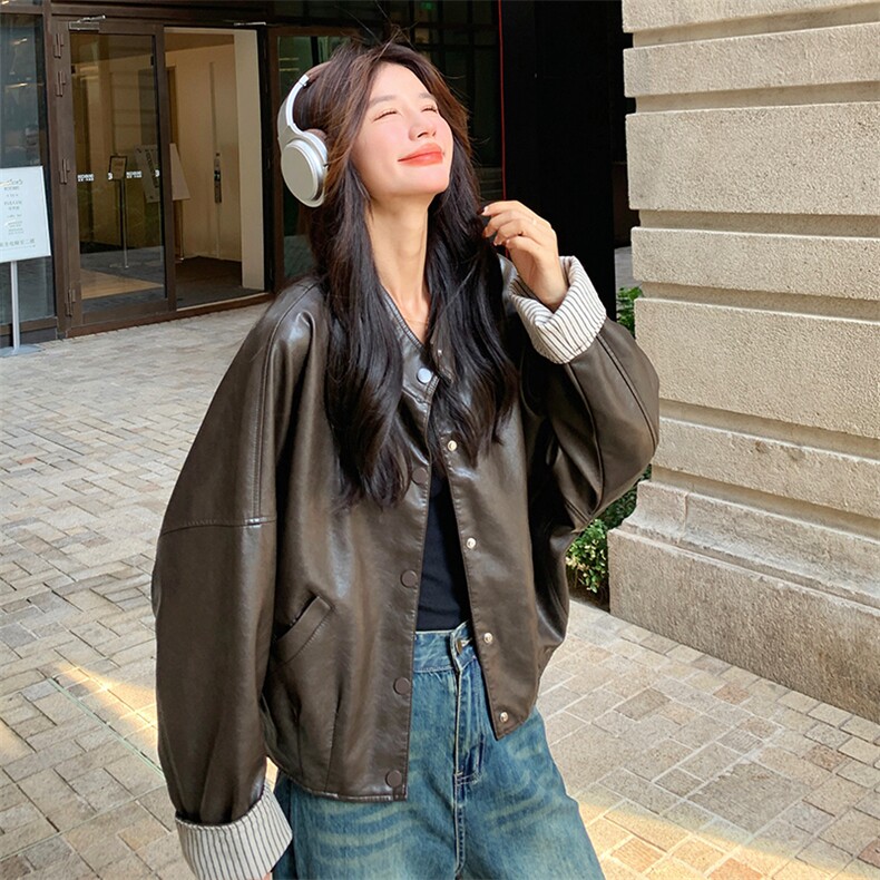 咖色皮衣短外套女春秋2025新款复古立领机车服休闲夹克上衣1391，女装皮衣，欣美人