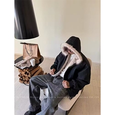 大毛领PU皮外套男连帽冬季棉服宽松M094-P108，男装棉衣，星座308B-2