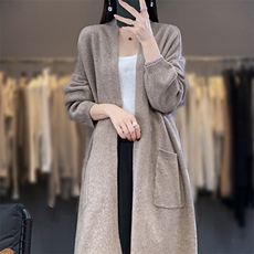 长袖口袋宽松垂感中长款针织开衫女羊毛毛衣外套"，女装羊毛衫，宋氏羊绒