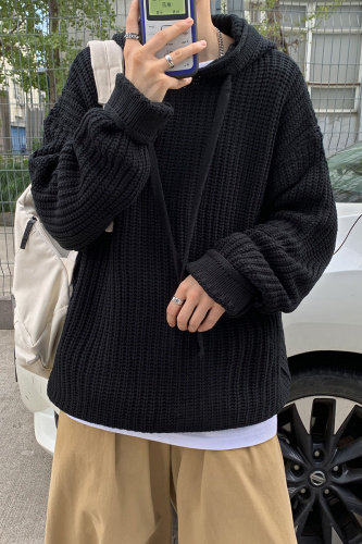 港风新款宽松休闲中性情侣连帽潮流纯色毛衣男外套慵懒风W01/P70,男装针织衫/毛衣,电商A221A