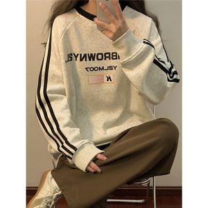 中性风三杠条纹圆领卫衣字母印花设计休闲卫衣男WY77765P48控68图片