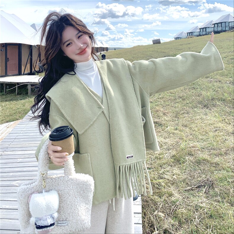 新款！冬装撞色配围巾双面羊毛呢大衣2C133-8982-P265-K378，女装毛呢外套，2C133