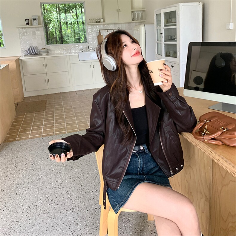主推现货2026春季短款翻领皮衣C022-9148-P155-K238,女装皮衣,2C022