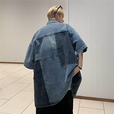 美式复古设计感hiphop拼接牛仔短袖衬衫外套P53，男装衬衫，星座1116-2
