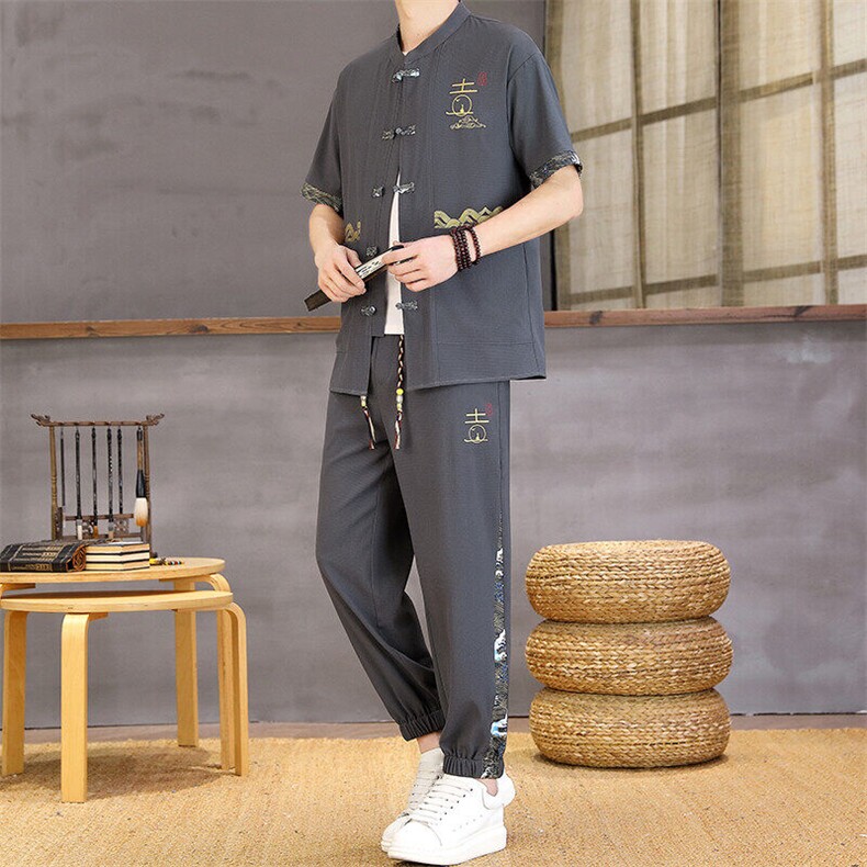 风夏季两件套男士冰丝宽松短袖套装民族男装汉服,男装T恤,星座1206（原A206）