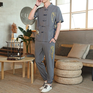 夏季套装风男刺绣棉麻复古宽松大码汉服图片