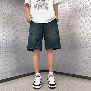 美式潮牌设计感牛仔短裤男情侣直筒休闲五分裤夏季1008-M6200-p43,黑色袄子搭配短裤图片