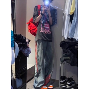 美式高街条纹牛仔裤男生ootd穿搭裤子直筒宽松阔腿裤NT816图片