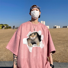 美式复古猫咪短袖T恤男2024夏季新款潮牌重磅纯棉宽松圆领半截袖，男装T恤，电商A486
