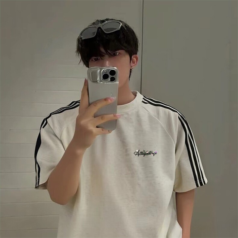 抖音得物品质二开240克宽松纯棉美式潮牌印花三条杠中性风短袖T恤，男装T恤，电商A486